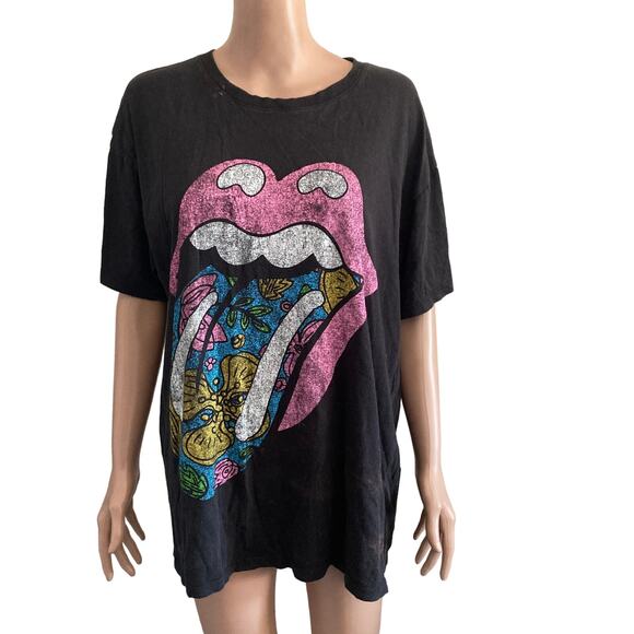 The Rolling Stones Tshirt Mens Small Black Pink Blue Hippie Floral - Picture 3 of 10